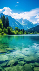 A serene and tranquil scene of a beautiful natural landscape, featuring a calm lake surrounded by lush greenery and majestic mountains in the background.