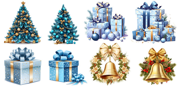 Sticker, Clipart set of blue christmas tree, golden bell and gift box on transparent background, generated ai