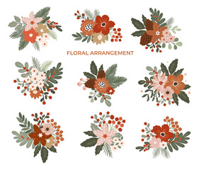Set of Christmas and floral clipart elements. Cute hand drawn vector scndinavian style illustraton, warm Christmas objects