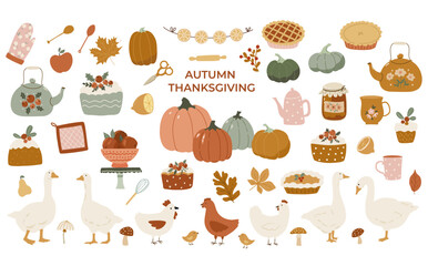 Set of Thanksgiving and hellow autumn fall cute vector illustration clipart elements. Pumpkin patch, cozy home elements, geese and chicken birds, apple, pie, teapot