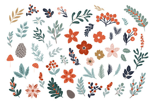 Fototapeta Set of Christmas and floral clipart elements. Cute hand drawn vector scndinavian style illustraton, warm Christmas objects