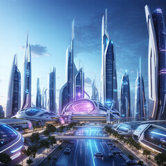  futuristic city skyline with advanced architecture and glowing lights.