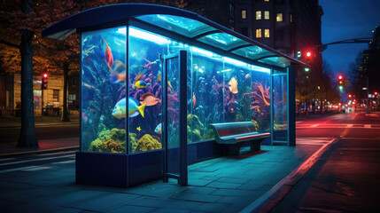 Bus shelter with an aquarium in night city - obrazy, fototapety, plakaty