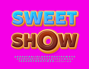 Vector tasty advertisement Sweet Show. Bright Donut Font. Creative Alphabet Letters and Numbers set