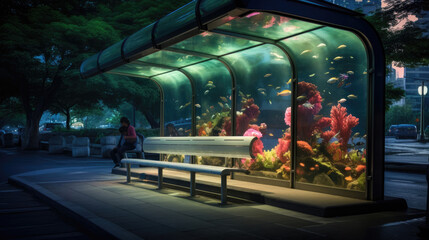 Bus shelter with an aquarium in night city
