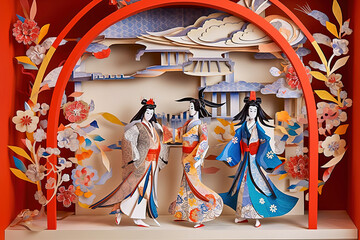 Japanese paper crafts. Paper-cut models of Japanese theater artists. Puppet scene.