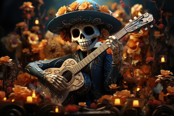Dia de muertos altar concept , Day of the dead or dia de muertos banner with flowers , skulls , candles , guitar , Generate Ai