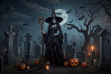 halloween theme with witch on cemetery