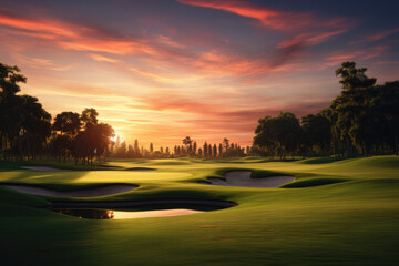 Golf course green on a beautiful tranquil day at sunset, scenic Landscape Wallpaper Background