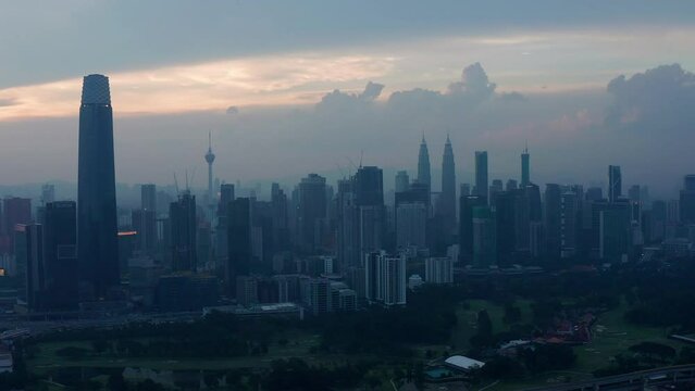 Kuala Lumpur city skyline sunset aerial view, Malaysia