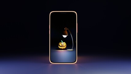 Creative Halloween design of phone with glowing Halloween pumpkin and lighting lamp against black background. Minimal concept. 3d illustration highly usable. 3d Halloween design.