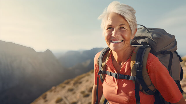 Portrait active senior woman hiking in the mountain with backpack, happy mature woman climbs to the top of the mountain with backpack