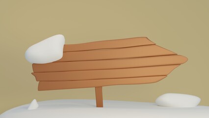 Cute 3d illustration of realistic  wooden sign on snow against beige background. Minimal concept. 3d illustration highly usable. Winter design, sale, special offer. Snowing time.