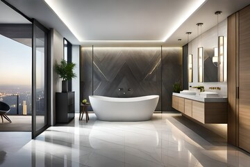 Fototapeta na wymiar Sleek grey marble bathroom with LED lighting
