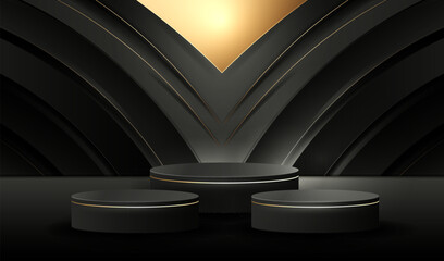 Product display podium with golden curve lines. Decoration and glitter light effect elements in empty studio. Black luxury geometric background.