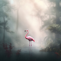Image of flamenco bird standing in the swamp in the middle of the forest. Birds. Animals. illustration. Generative AI.