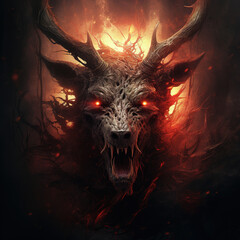 Image of an angry demon deer face terrifying and flames on dark background. Wildlife Animals. Illustration, Generative AI.