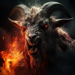 Fotobehang Image of angry demon goat terrifying and flames on dark background. Wildlife Animals. Illustration, Generative AI. © yod67