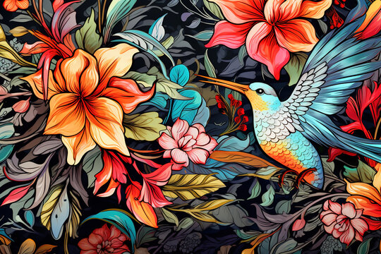 Image of pattern design using hummingbird and flowers and leaves. Wildlife Animals. Bird. Illustration, Generative AI.