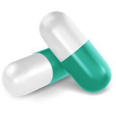 Two green white medical capsule pill. 3d realistic, pharmaceutical capsule, perspective view