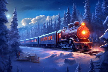 Steam locomotive in the winter forest. 3D illustration. Digital painting. - obrazy, fototapety, plakaty