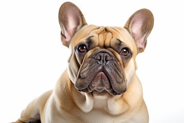 Portrait of fawn colored French Bulldog dog on white background