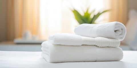 Fototapeta na wymiar white towels on bed in hotel room