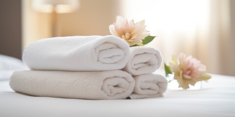 Obraz na płótnie Canvas white towels on bed in hotel room