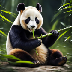 A panda feeding on a bamboo