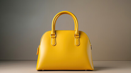 Women leather yellow handbag on gray background. - obrazy, fototapety, plakaty
