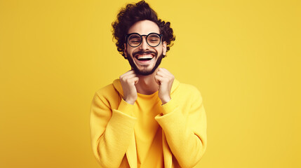 Fototapeta premium portrait of caucasian man smiling on yellow background 