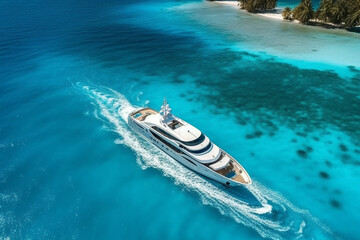 Fototapeta premium Aerial view of luxury yacht in tropical lagoon. Luxury yachts on coral reef.