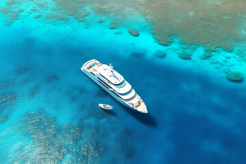 Aerial view of luxury yacht in tropical lagoon. Luxury yachts on coral reef.