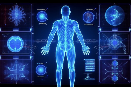 3d rendering of human body x ray on black background with hud interface