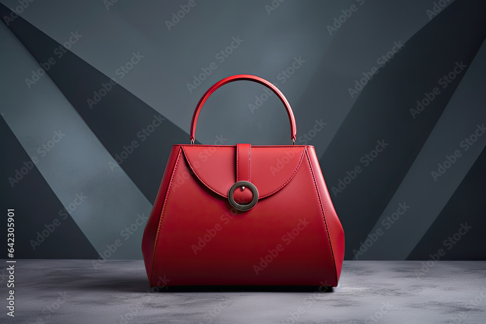 Wall mural Women leather red handbag on gray background.