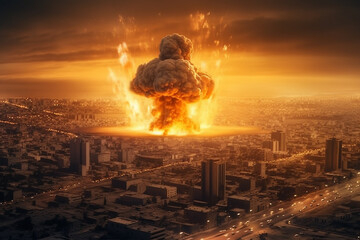 Big explosion in the city. Collage. 3D rendering.