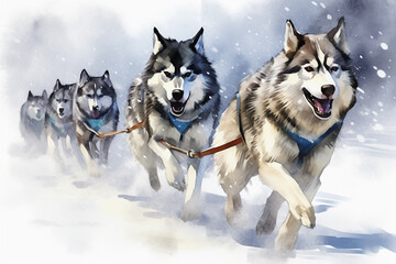 Naklejka premium Siberian husky dogs running in the snow in winter.