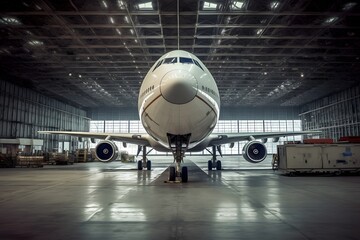 Aircraft on maintenance in airport hangar