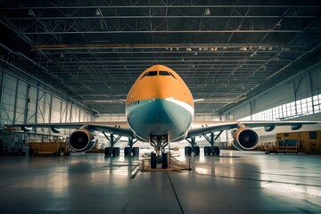 Big passenger aircraft on maintenance in airport hangar