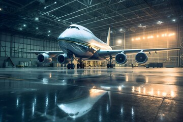 Big passenger aircraft on maintenance in airport hangar