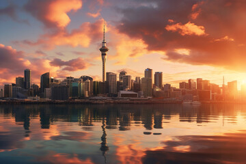 Obraz premium Toronto city skyline at sunset, Ontario, Canada. Copy space for text