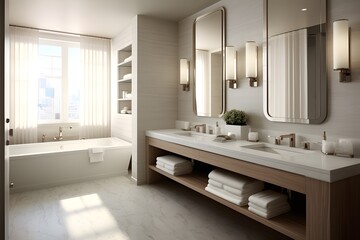 Bathroom interior with bathtub and mirror