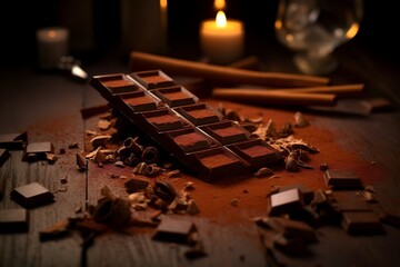 Chocolate bar with cocoa powder and cinnamon sticks on a wooden table