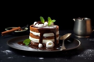Chocolate cake with whipped cream and mint on a black background.