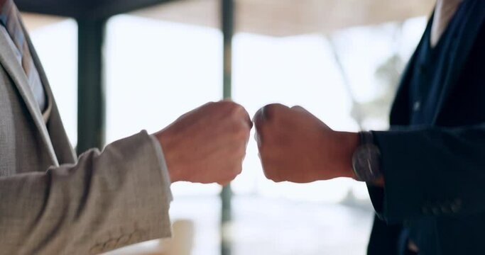 Success, fist bump closeup or manager in celebration of goals or sales target with worker in an agency. Winner, collaboration or proud employee winning a bonus or business deal with a cool handshake