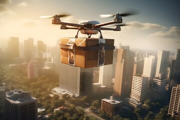 Fototapeta na wymiar Drone delivering a parcel, city background
