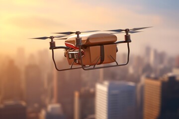 Drone delivering a parcel against aerial view of a city