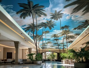 beautiful wall painting of the hotel that stays by the sea resort Consists of palm trees, coconuts in the area around the building.