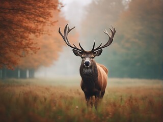 Naklejka na ściany i meble deer moving on green field in autumn mist nature generative ai
