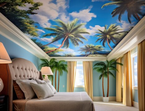 beautiful wall painting of the hotel that stays by the sea resort Consists of palm trees, coconuts in the area around the building.